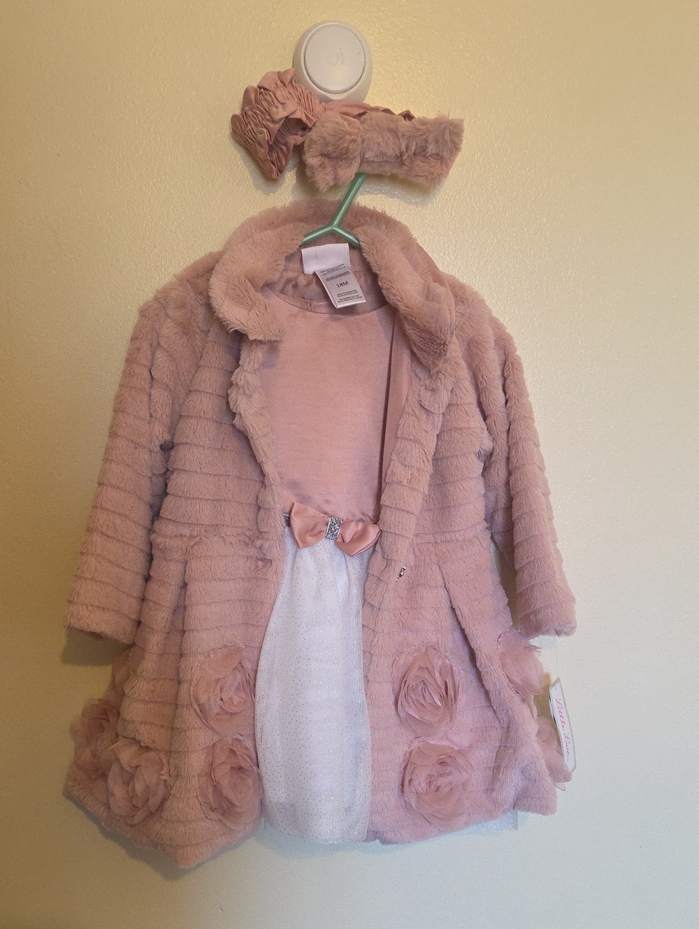 Little Lass Pink Faux-Fur Dress & Coat Set with Headband
